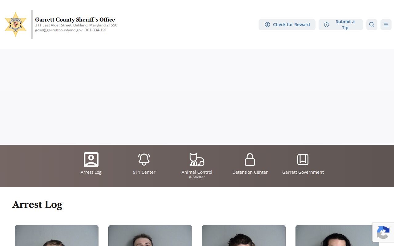 Garrett County Arrest Log booking record interface